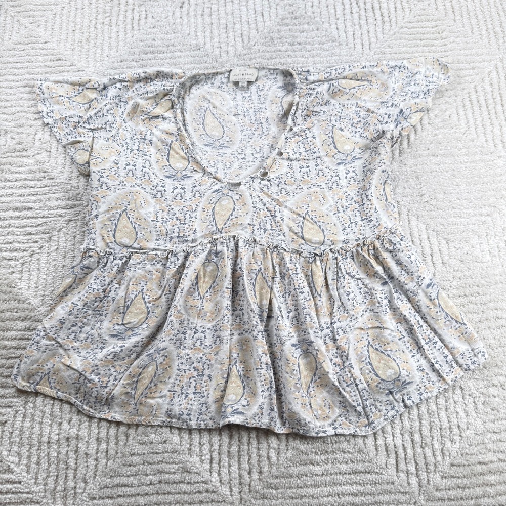 Lucky Brand Babydoll Top Women's Large Blue Paisley Flutter Sleeve Peplum Boho